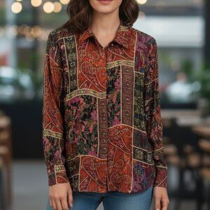 BARILOCHE Spain Metallic Paisley Floral Button Up Shirt Top Size ES 46/ FR 44